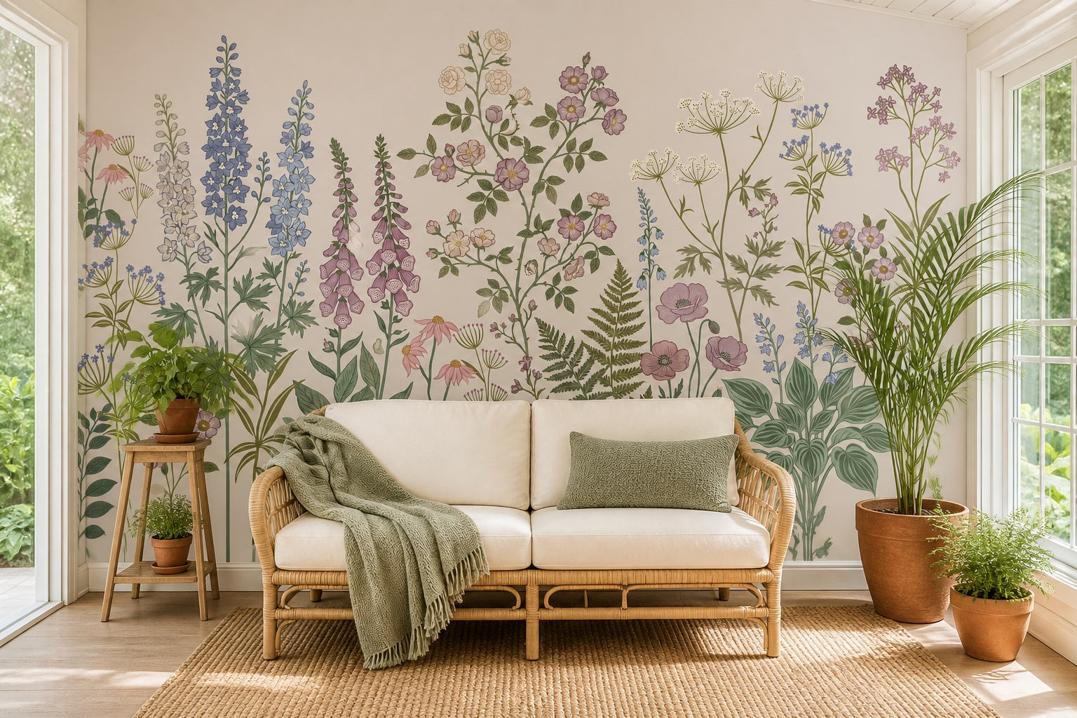 Beige Foxglove Meadow Garden Wallpaper Mural - 5