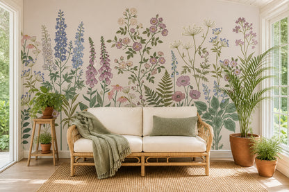 Beige Foxglove Meadow Garden Wallpaper Mural - 5