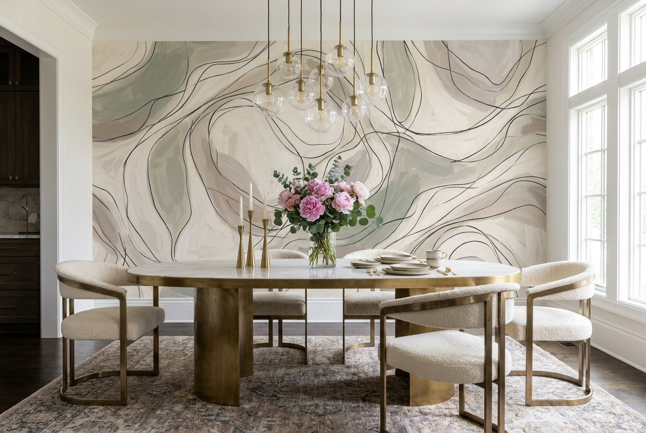 Beige Line Art Wallpaper Mural view 3
