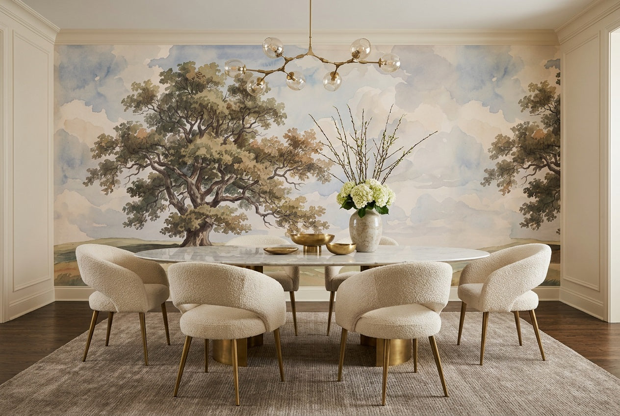 Beige Oak Tree Countryside Wallpaper Mural - 1