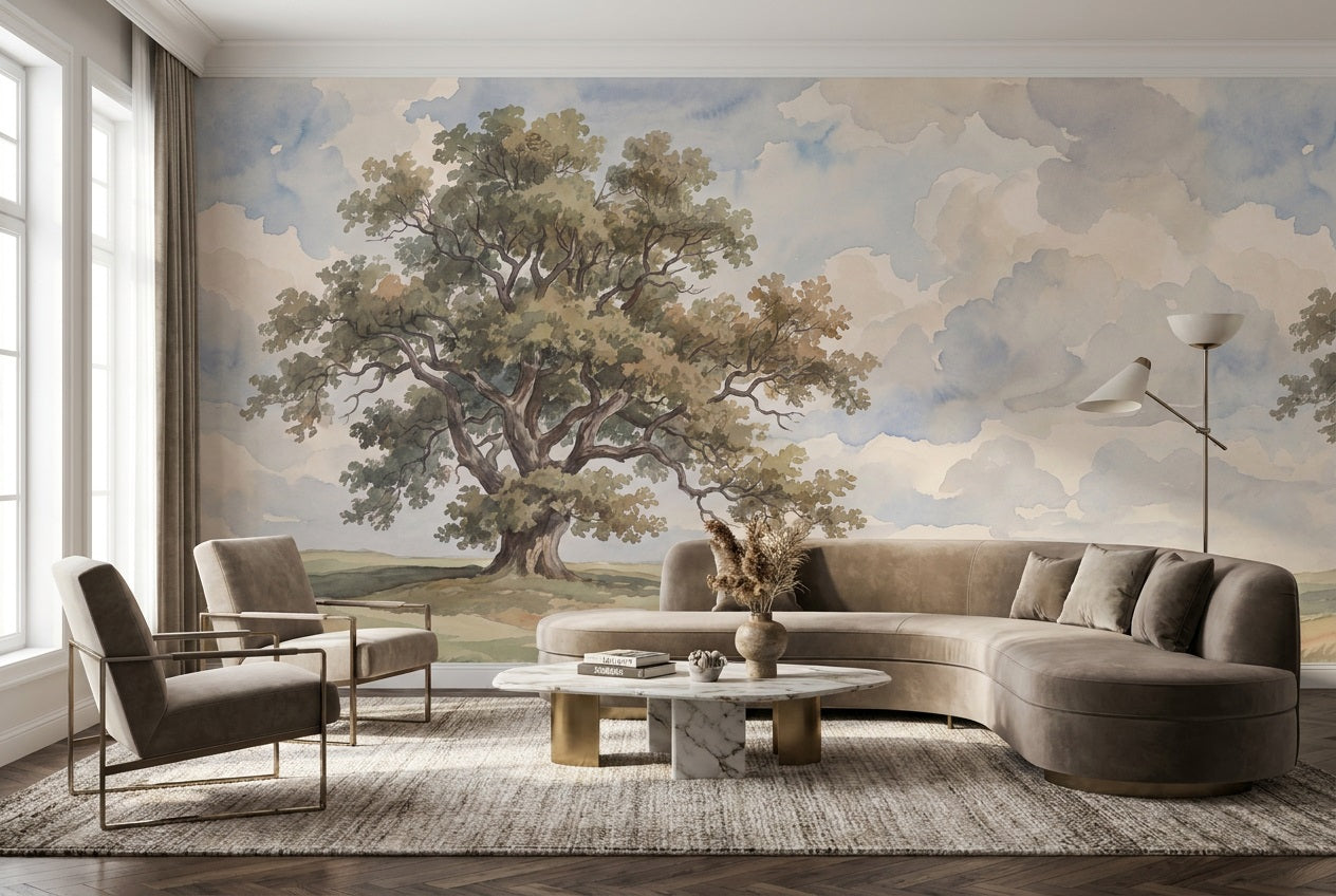 Beige Oak Tree Countryside Wallpaper Mural - 6