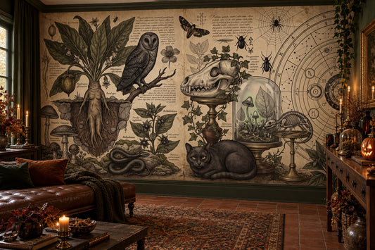 Owl Skull Black Cat Mandrake and Occult Charts Halloween Wallpaper Mural - image 1