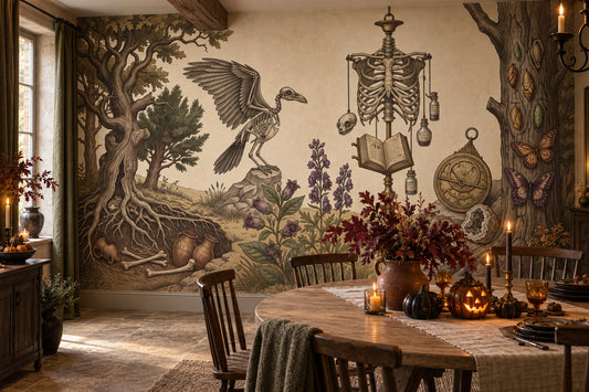 Skeleton Specimen Raven and Woodland Botanicals Halloween Wallpaper Mural - image 1