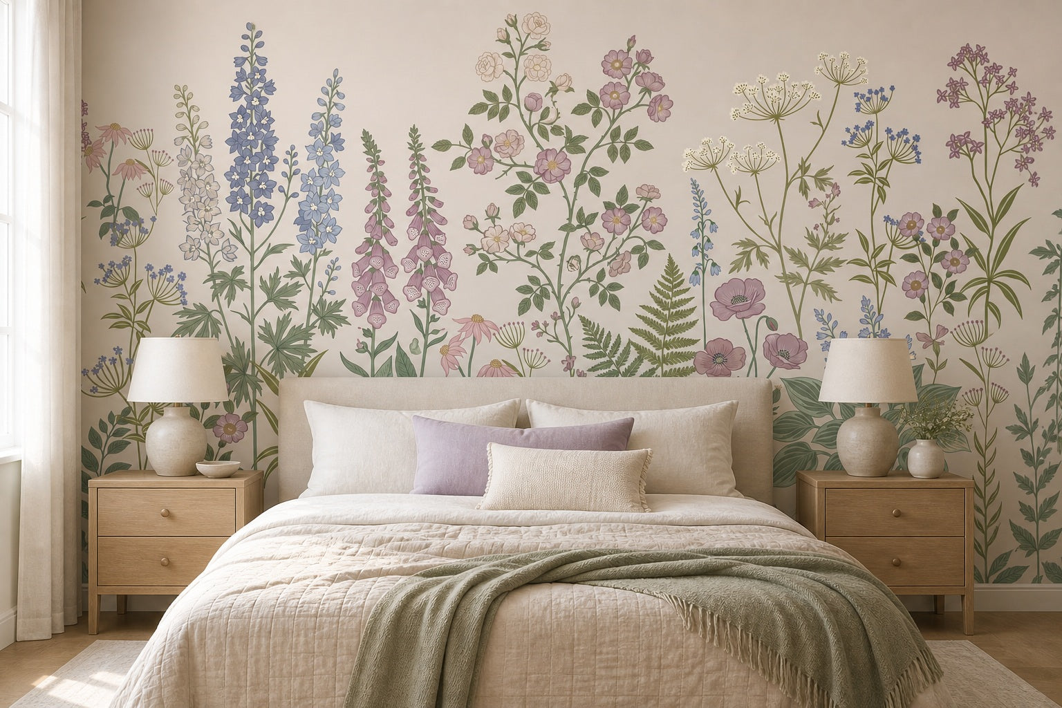 Beige Foxglove Meadow Garden Wallpaper Mural - 4