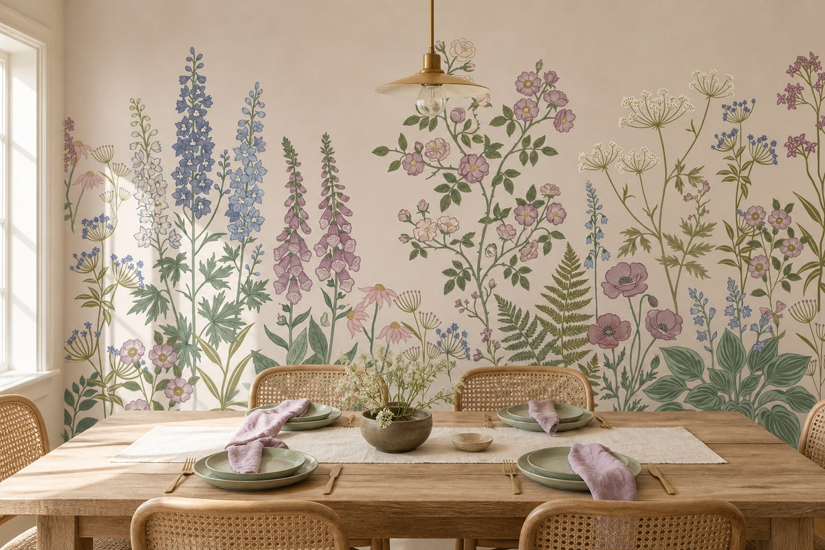 Beige Foxglove Meadow Garden Wallpaper Mural - 3