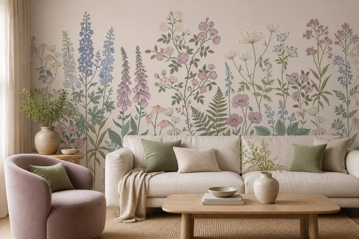 Beige Foxglove Meadow Garden Wallpaper Mural - 1