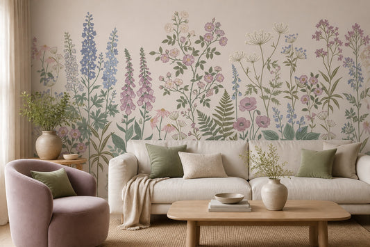 Beige Foxglove Meadow Garden Wallpaper Mural - 1