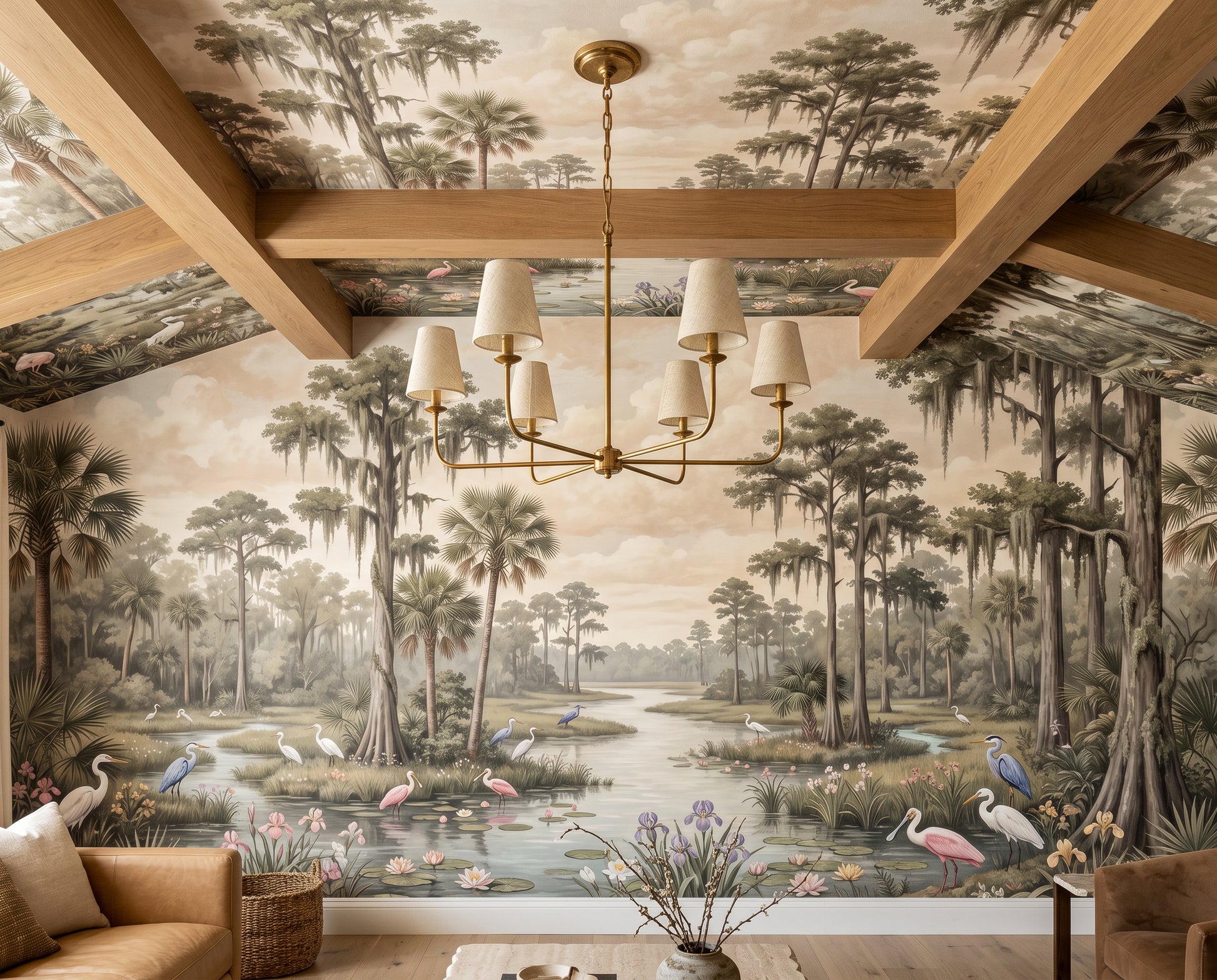 Beige Wetland Tropical Birds Wallpaper Mural