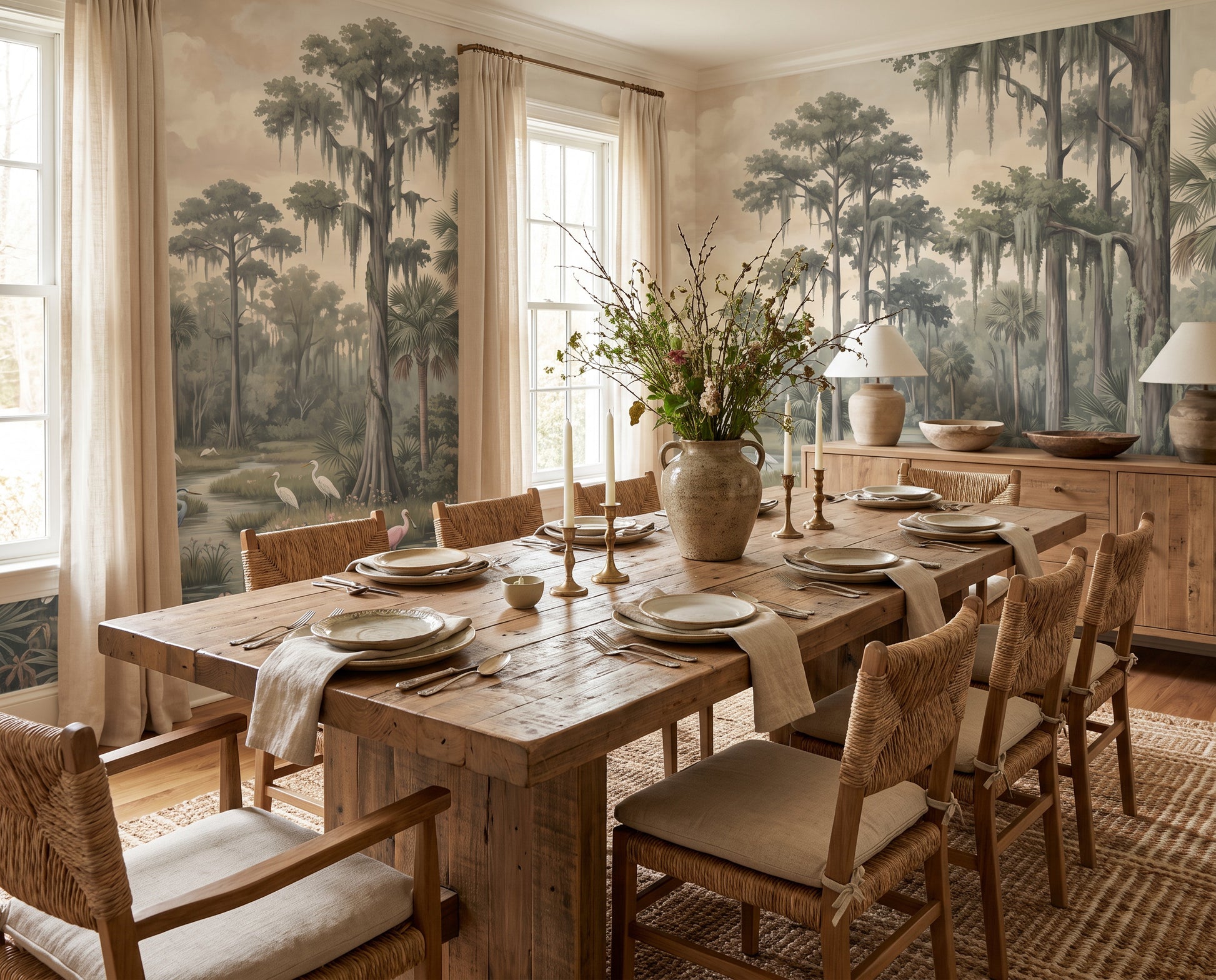 Beige Wetland Tropical Birds Wallpaper Mural