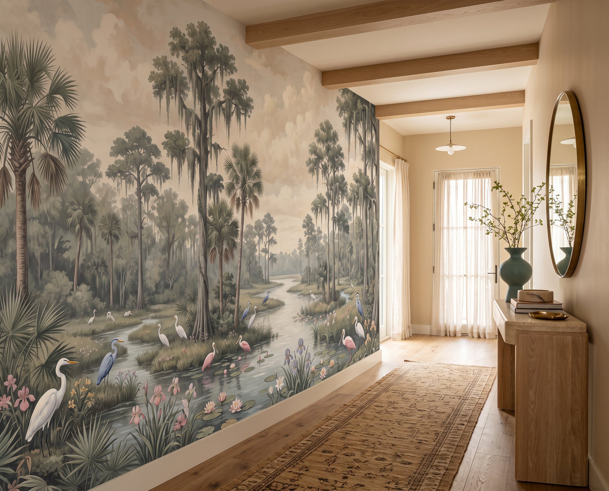 Beige Wetland Tropical Birds Wallpaper Mural
