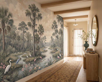 Beige Wetland Tropical Birds Wallpaper Mural