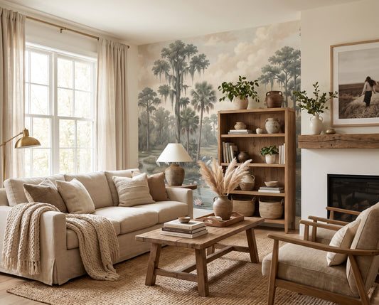 Beige Wetland Tropical Birds Wallpaper Mural