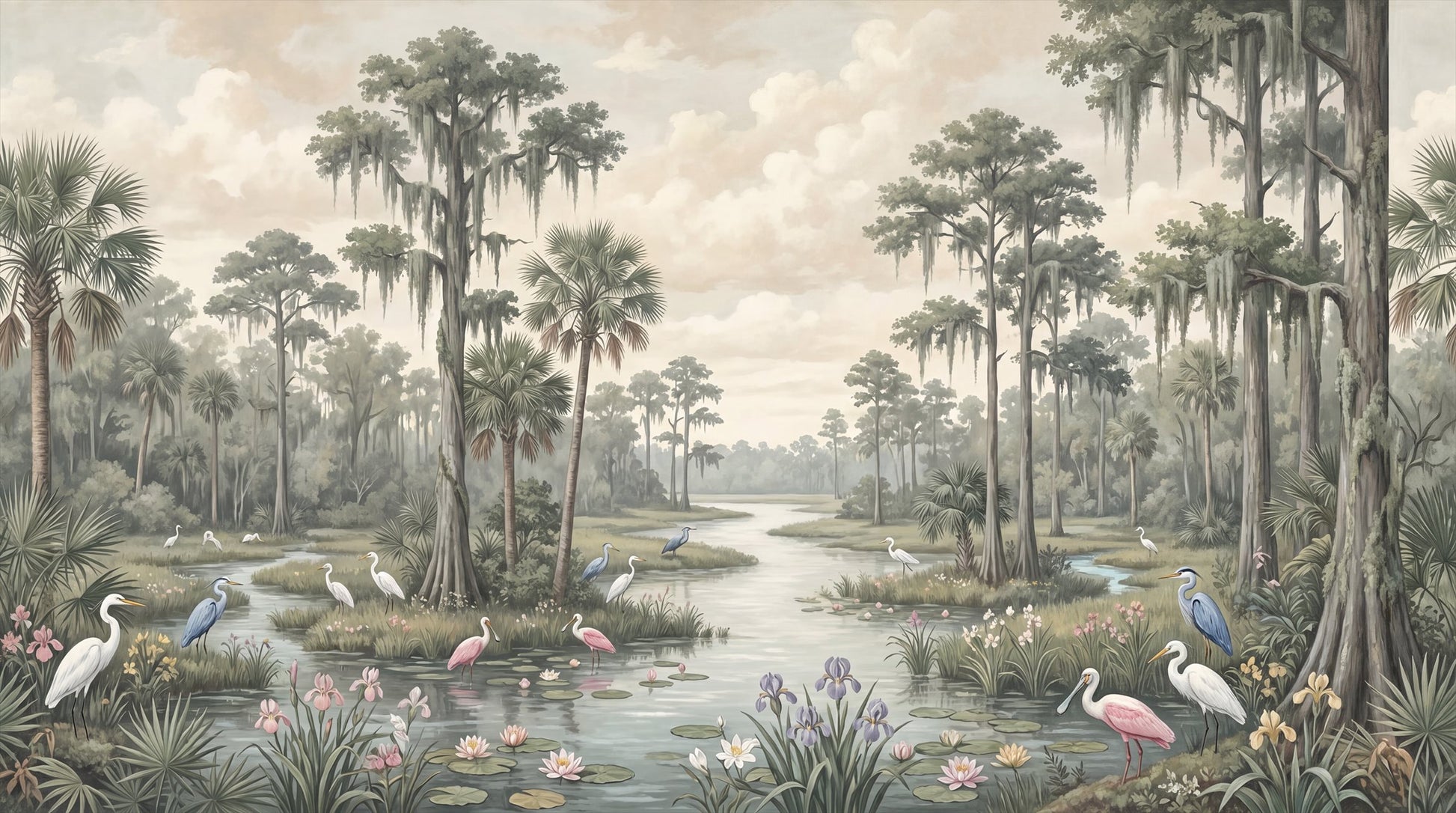 Beige Wetland Tropical Birds Wallpaper Mural