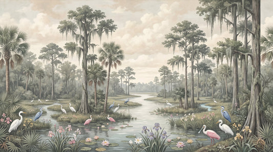 Beige Wetland Tropical Birds Wallpaper Mural