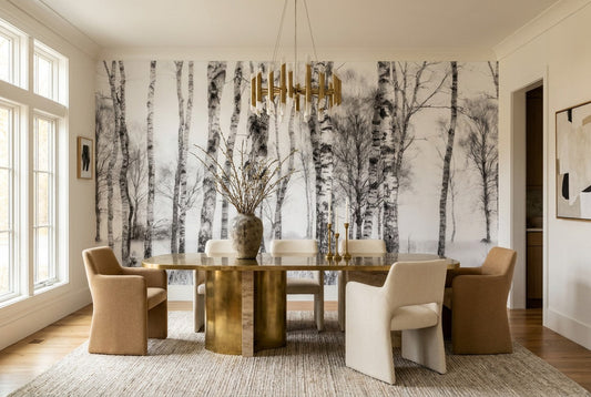 Grey birch forest wallpaper mural in a dining room