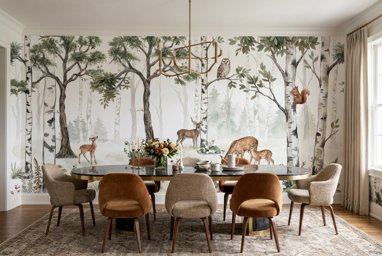 Pale Green Birch Forest Wallpaper Mural room scene
