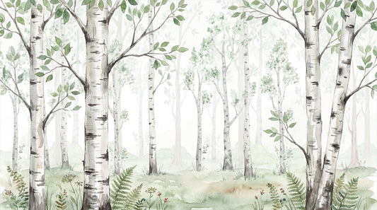 Natural Green Birch Forest Wallpaper Mural complete artwork