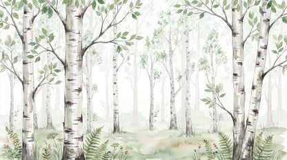 Natural Green Birch Forest Wallpaper Mural complete artwork