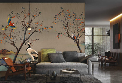 Wallpaper mural with Birds and Trees in Autumn for Use in Decorating the Living Room