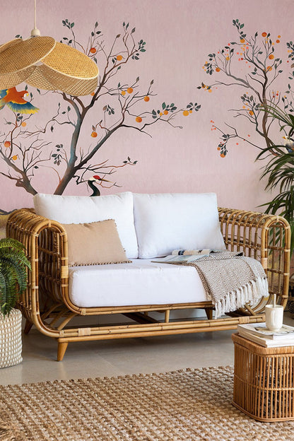 Wallpaper mural for living room decoration including birds and trees in autumn foliage.