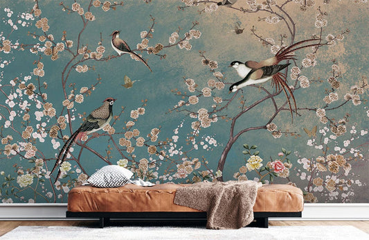 Elegant Teal Floral Bird Mural Wallpaper