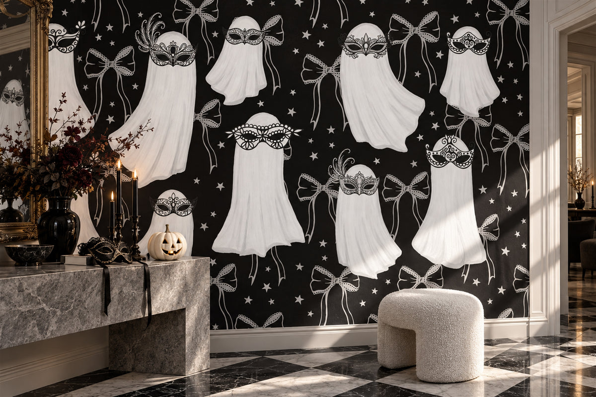 Masked Ghosts Bows and Stars Halloween Wallpaper Mural room scene