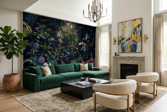 Midnight Black Dark Jungle Wallpaper Mural in a living room