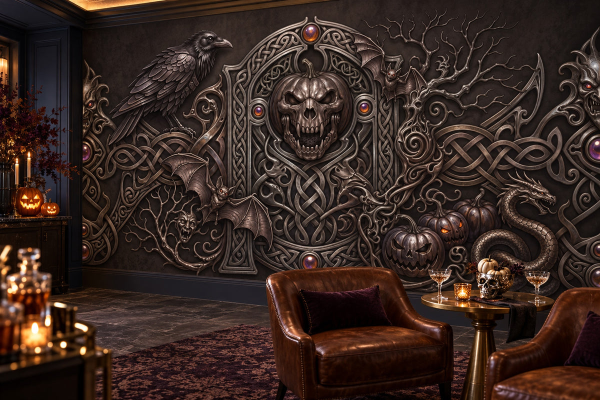 Raven Skull Serpent and Ornate Gothic Frame Halloween Wallpaper Mural - image 3