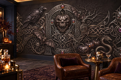Raven Skull Serpent and Ornate Gothic Frame Halloween Wallpaper Mural - image 3