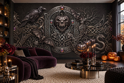 Raven Skull Serpent and Ornate Gothic Frame Halloween Wallpaper Mural - image 4