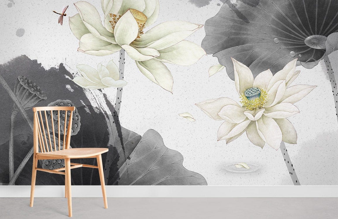 Elegant Lotus Floral Watercolor Mural Wallpaper