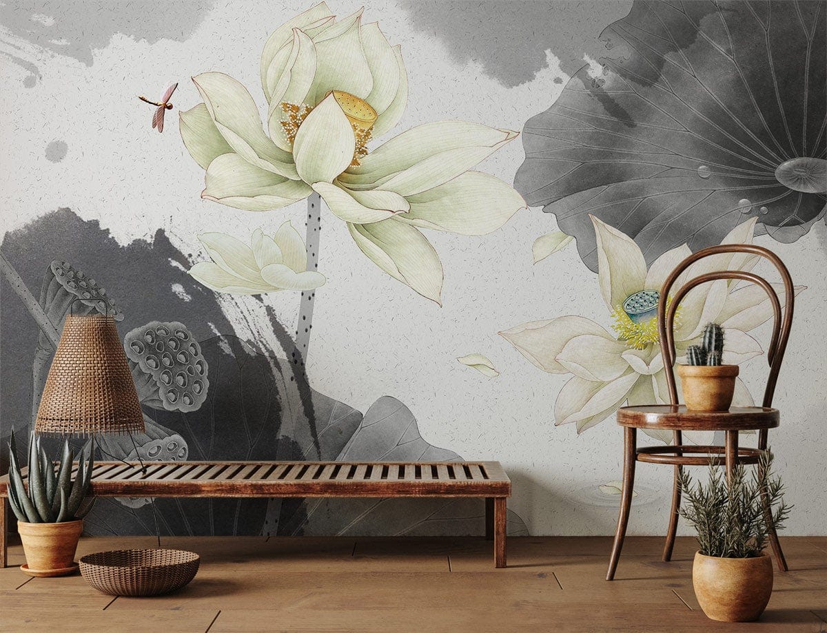 Elegant Lotus Floral Watercolor Mural Wallpaper