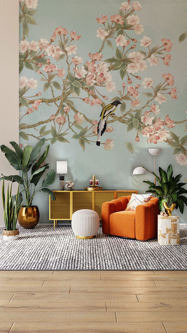 Vintage Floral Bird Botanical Mural Wallpaper