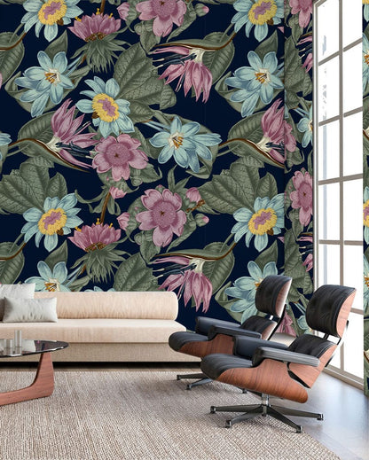 Daisies in Blue and Purple on a Wallpaper Mural to Decorate the Living Room