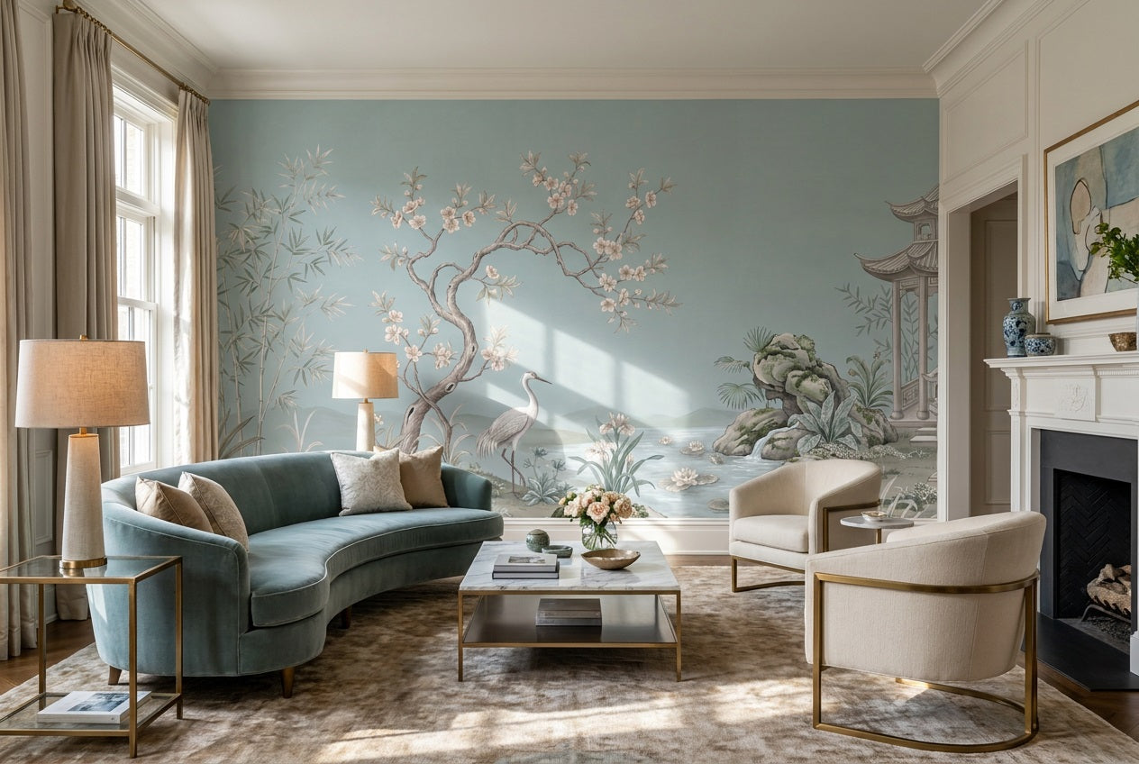 Blue Crane Garden Chinoiserie Wallpaper Mural - 6