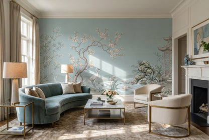 Blue Crane Garden Chinoiserie Wallpaper Mural - 6