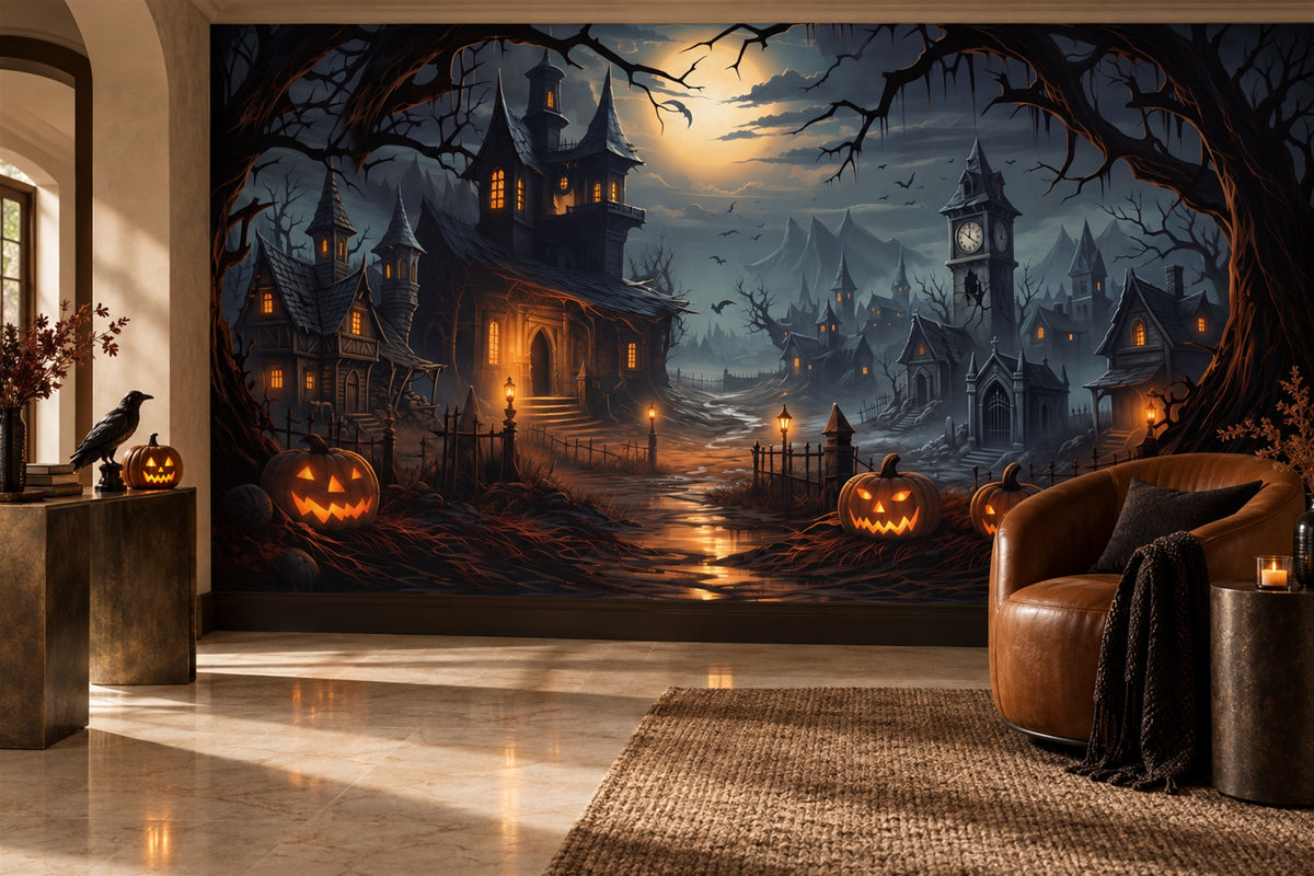 Haunted Castle Pumpkins Under Full Moon Halloween Wallpaper Mural room scene