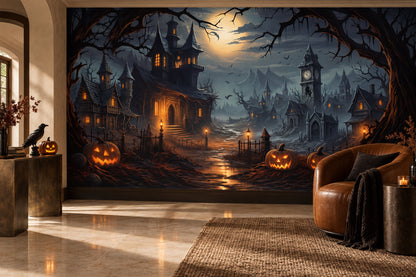 Haunted Castle Pumpkins Under Full Moon Halloween Wallpaper Mural room scene