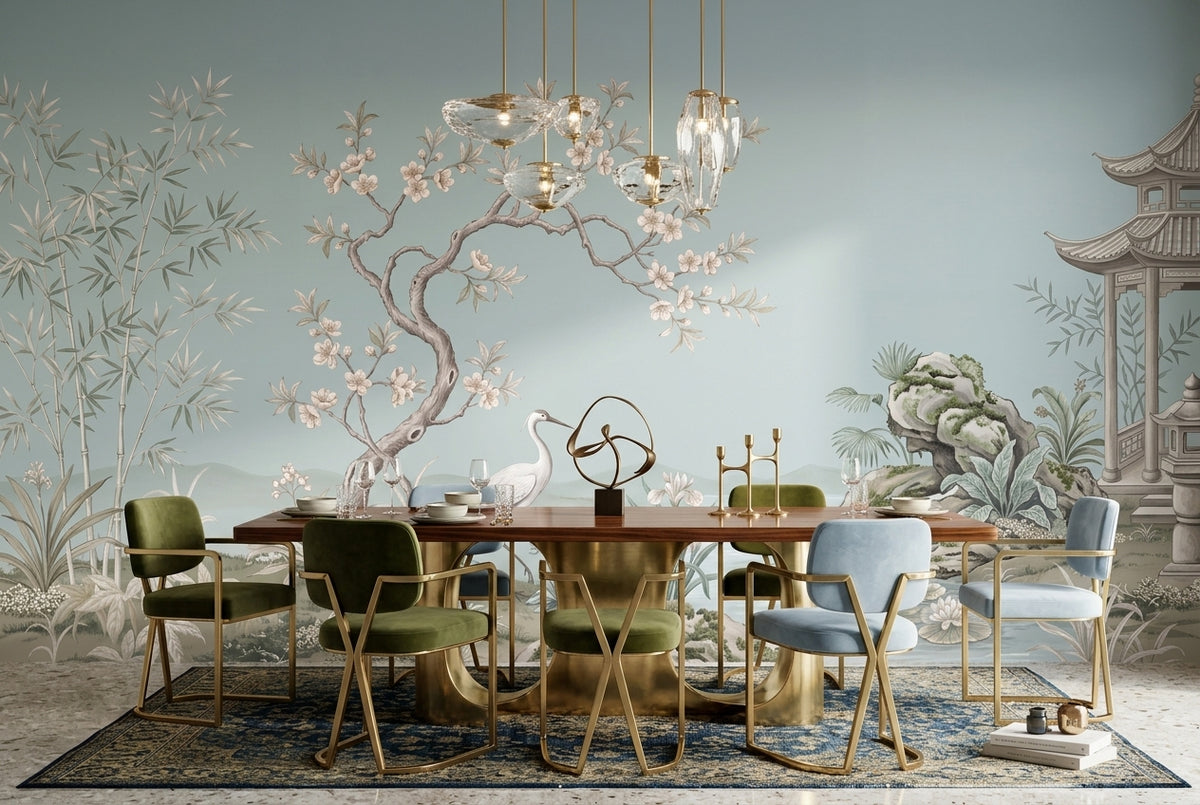 Blue Crane Garden Chinoiserie Wallpaper Mural - 1