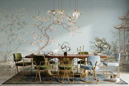 Blue Crane Garden Chinoiserie Wallpaper Mural - 1