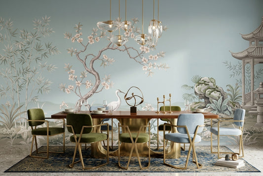Blue Crane Garden Chinoiserie Wallpaper Mural - 1