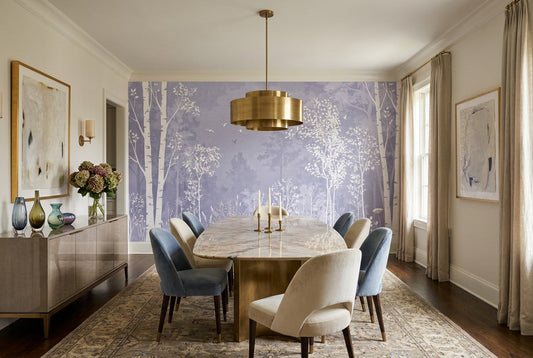 Blue birch forest wallpaper mural in a dining room