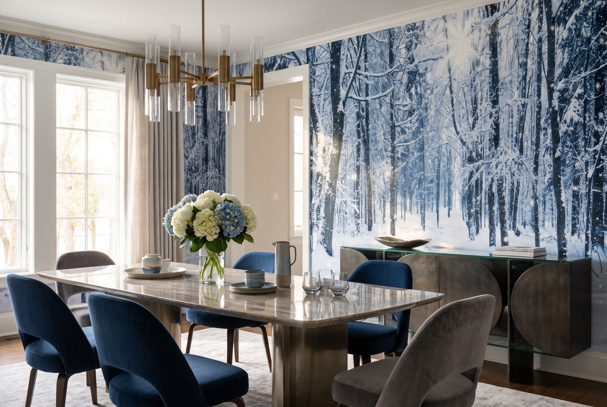 Silver Blue Winter Forest Wallpaper Mural room scene