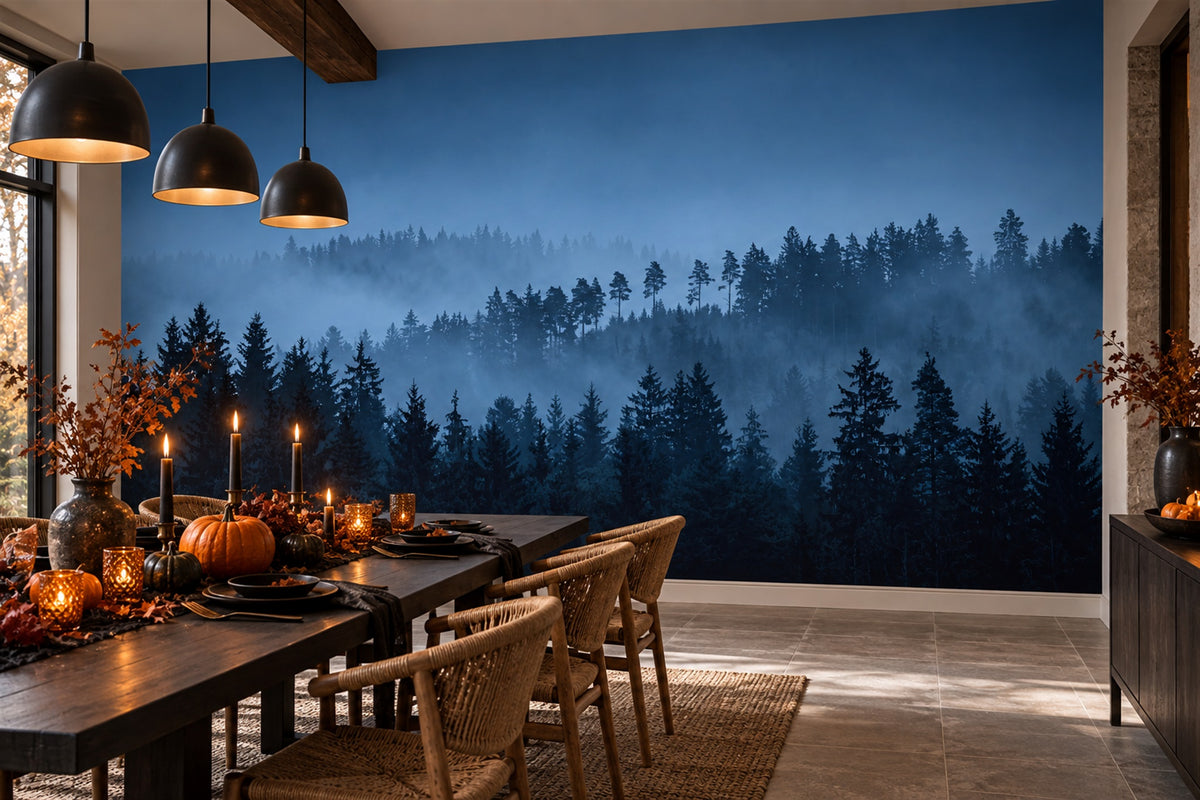 Misty Pine Forest Silhouettes Halloween Wallpaper Mural - image 3
