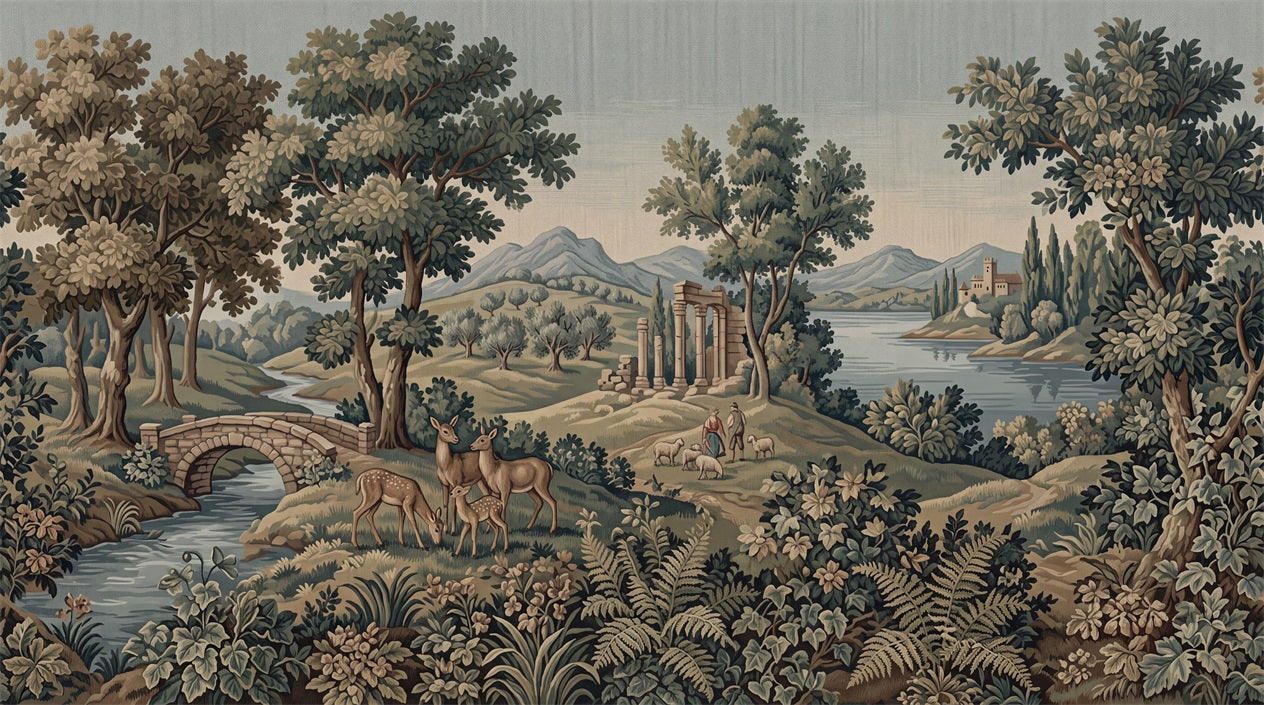 Blue Vintage Forest Tapestry Wallpaper Mural - 2