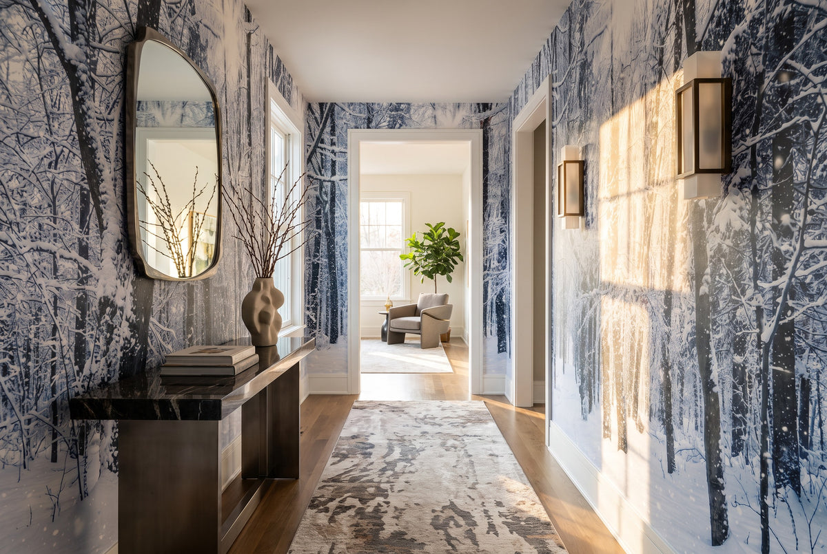 Silver Blue Winter Forest Wallpaper Mural room scene