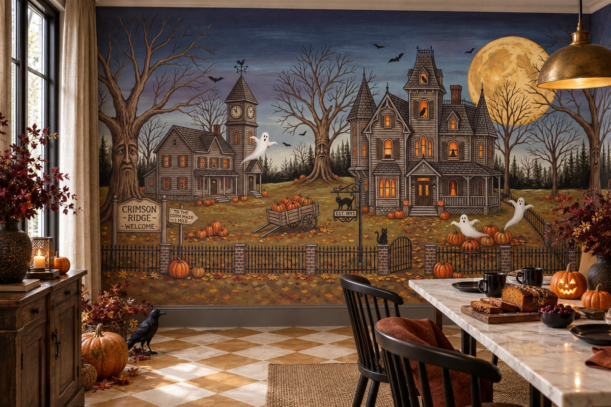 Haunted Houses Ghosts Pumpkins and Full Moon Halloween Wallpaper Mural - image 1