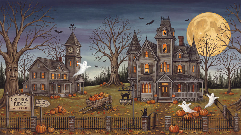 Haunted Houses Ghosts Pumpkins and Full Moon Halloween Wallpaper Mural