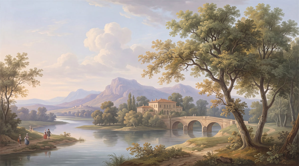 Blue Lakeside Villa Landscape Wallpaper Mural - 2