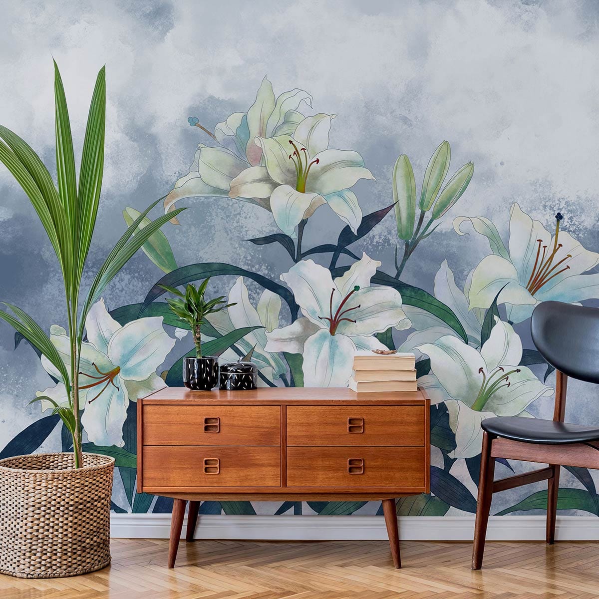Elegant Watercolour Lily Blooms wallpaper, misty blue, wooden sideboard, contemporary chair, wooden flooring, serene room.